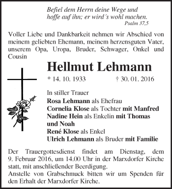 Traueranzeige von Hellmut Lehmann von Märkische Oderzeitung