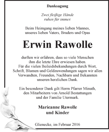 Traueranzeige von Erwin Rawolle von Märkische Oderzeitung