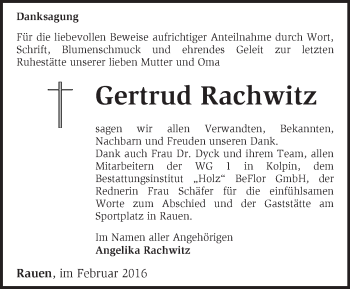 Traueranzeige von Gertrud Rachwitz von Märkische Oderzeitung