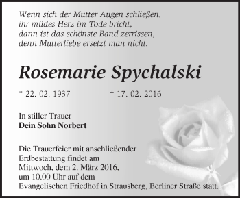 Traueranzeige von Rosemarie Spychalski von Märkische Oderzeitung