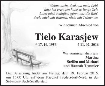Traueranzeige von Tielo Karasjew von Märkische Oderzeitung