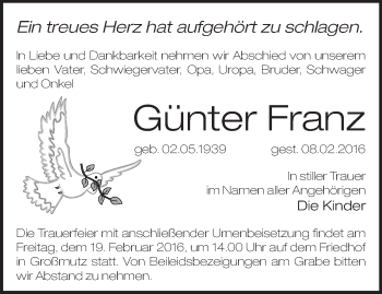 Traueranzeige von Günter Franz von Märkische Oderzeitung