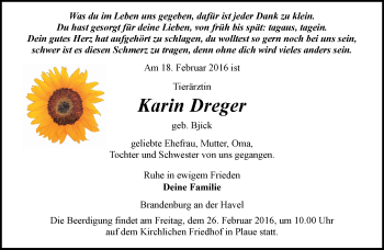 Traueranzeige von Karin Dreger von Märkische Oderzeitung