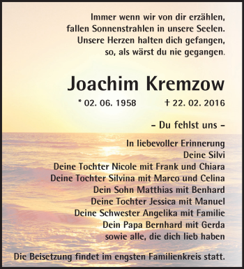 Traueranzeige von Joachim Kremzow von Märkische Oderzeitung