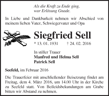 Traueranzeige von Siegfried Sell von Märkische Oderzeitung