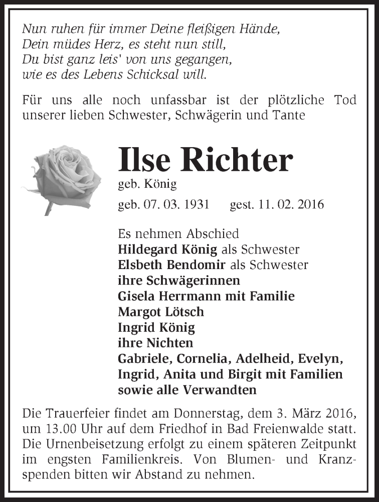  Traueranzeige für Ilse Richter vom 20.02.2016 aus Märkische Oderzeitung