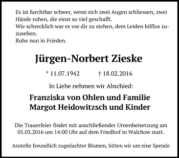 Traueranzeige von Jürgen-Norbert Zieske von Märkische Oderzeitung