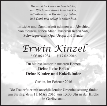 Traueranzeige von Erwin Kinzel von Märkische Oderzeitung