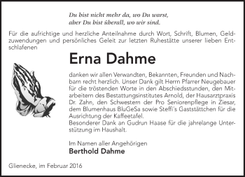 Traueranzeige von Erna Dahme von Märkische Oderzeitung