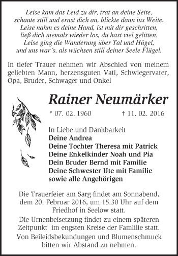 Traueranzeige von Rainer Neumärker von Märkische Oderzeitung