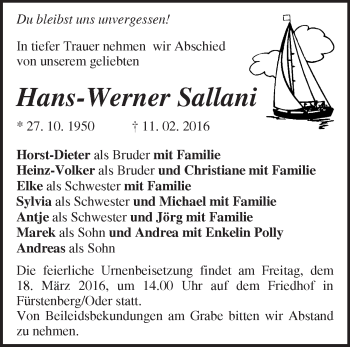 Traueranzeige von Hans-Werner Sallani von Märkische Oderzeitung