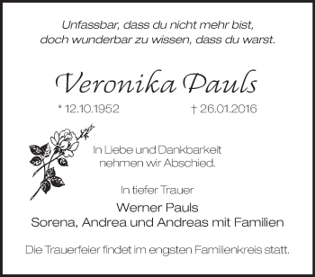 Traueranzeige von Veronika Pauls von Märkische Oderzeitung