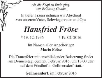 Traueranzeige von Hansfried Fröse von Märkische Oderzeitung