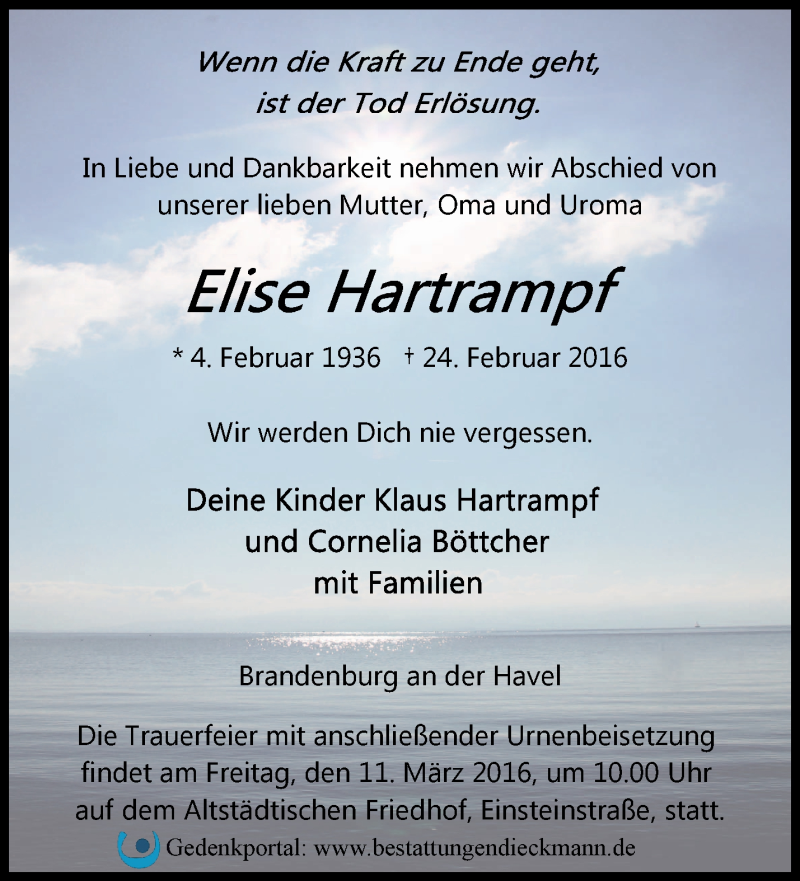  Traueranzeige für Elise Hartrampf vom 28.02.2016 aus Märkische Oderzeitung