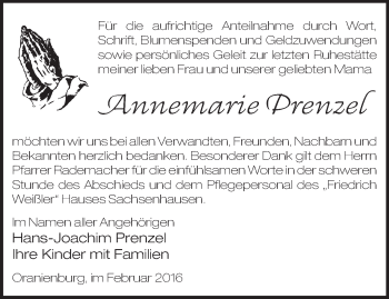 Traueranzeige von Annemarie Prenzel von Märkische Oderzeitung