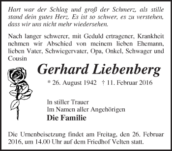 Traueranzeige von Gerhard Liebenberg von Märkische Oderzeitung