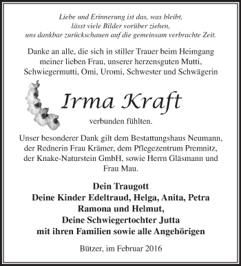 Traueranzeige von Irma Kraft von Märkische Oderzeitung