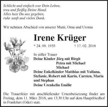 Traueranzeige von Irene Krüger von Märkische Oderzeitung