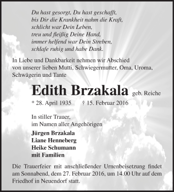 Traueranzeige von Edith Brzakala von Märkische Oderzeitung