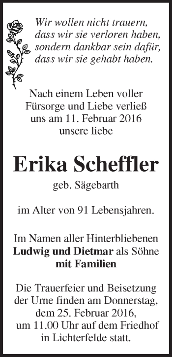 Traueranzeige von Erika Scheffler von Märkische Oderzeitung