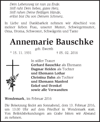 Traueranzeige von Annemarie Bauschke von Märkische Oderzeitung