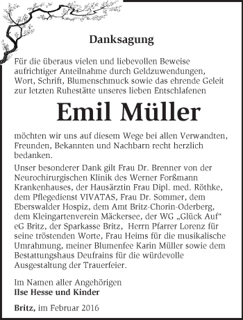 Traueranzeige von Emil Müller von Märkische Oderzeitung