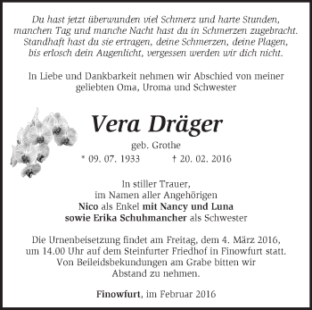 Traueranzeige von Vera Dräger von Märkische Oderzeitung
