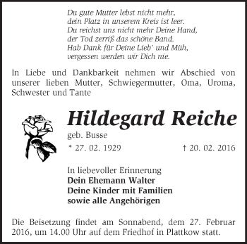 Traueranzeige von Hildegard Reiche von Märkische Oderzeitung