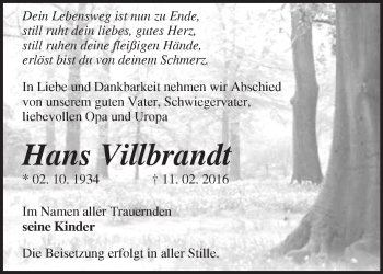 Traueranzeige von Hans Villbrandt von Märkische Oderzeitung