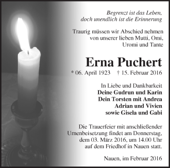 Traueranzeige von Erna Puchert von Märkische Oderzeitung