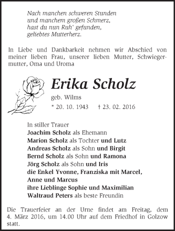 Traueranzeige von Erika Scholz von Märkische Oderzeitung