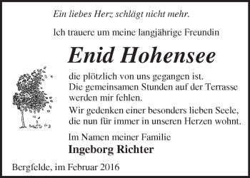 Traueranzeige von Enid Hohensee von Märkische Oderzeitung