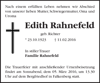 Traueranzeige von Edith Rahnefeld von Märkische Oderzeitung