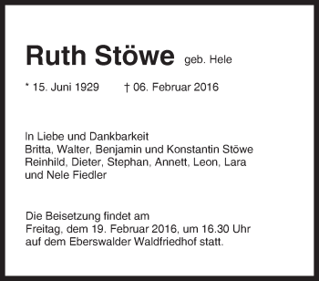 Traueranzeige von Ruth Stöwe von Märkische Oderzeitung