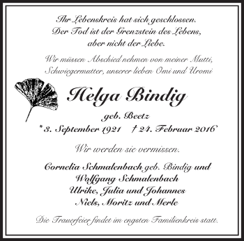 Traueranzeige von Helga Bindig von Märkische Oderzeitung