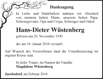 Traueranzeige von Hans-Dieter Wüstenberg von Märkische Oderzeitung