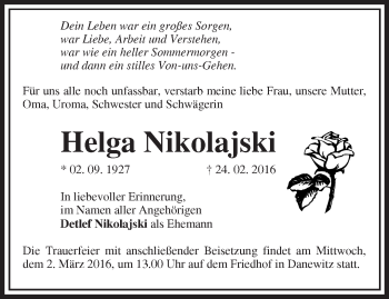 Traueranzeige von Helga Nikolajski von Märkische Oderzeitung