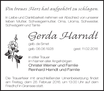 Traueranzeige von Gerda Harndt von Märkische Oderzeitung