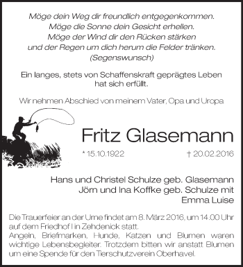 Traueranzeige von Fritz Glasemann von Märkische Oderzeitung