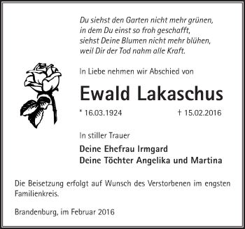Traueranzeige von Ewald Lakaschus von Märkische Oderzeitung