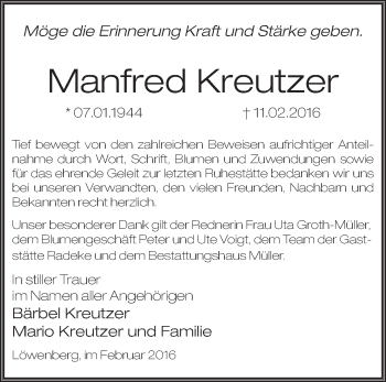 Traueranzeige von Manfred Kreutzer von Märkische Oderzeitung