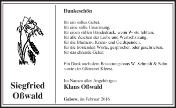 Traueranzeige von Siegfried Oßwald von Märkische Oderzeitung