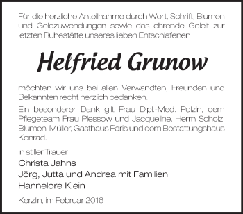 Traueranzeige von Helfried Grunow von Märkische Oderzeitung