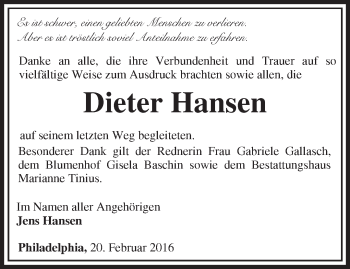 Traueranzeige von Dieter Hansen von Märkische Oderzeitung