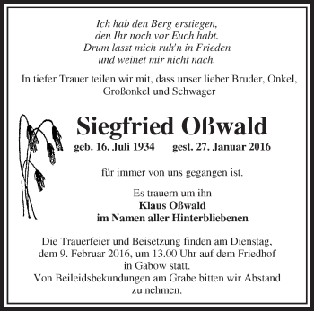 Traueranzeige von Siegfried Oßwald von Märkische Oderzeitung