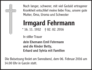 Traueranzeige von Irmgard Fehrmann von Märkische Oderzeitung