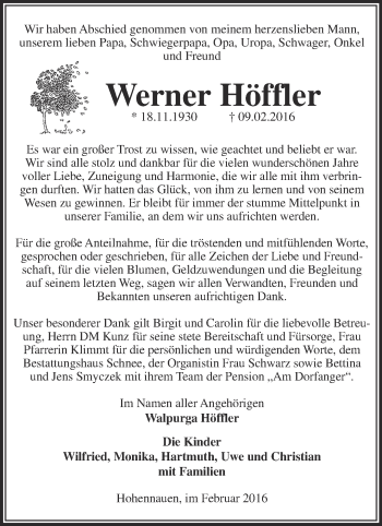 Traueranzeige von Werner Höffler von Märkische Oderzeitung