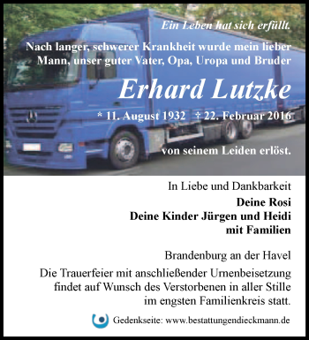 Traueranzeige von Erhard Lutzke von Märkische Oderzeitung