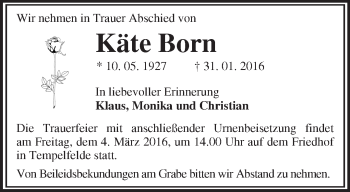 Traueranzeige von Käte Born von Märkische Oderzeitung