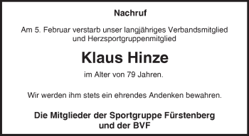 Traueranzeige von Klaus Hinze von Märkische Oderzeitung